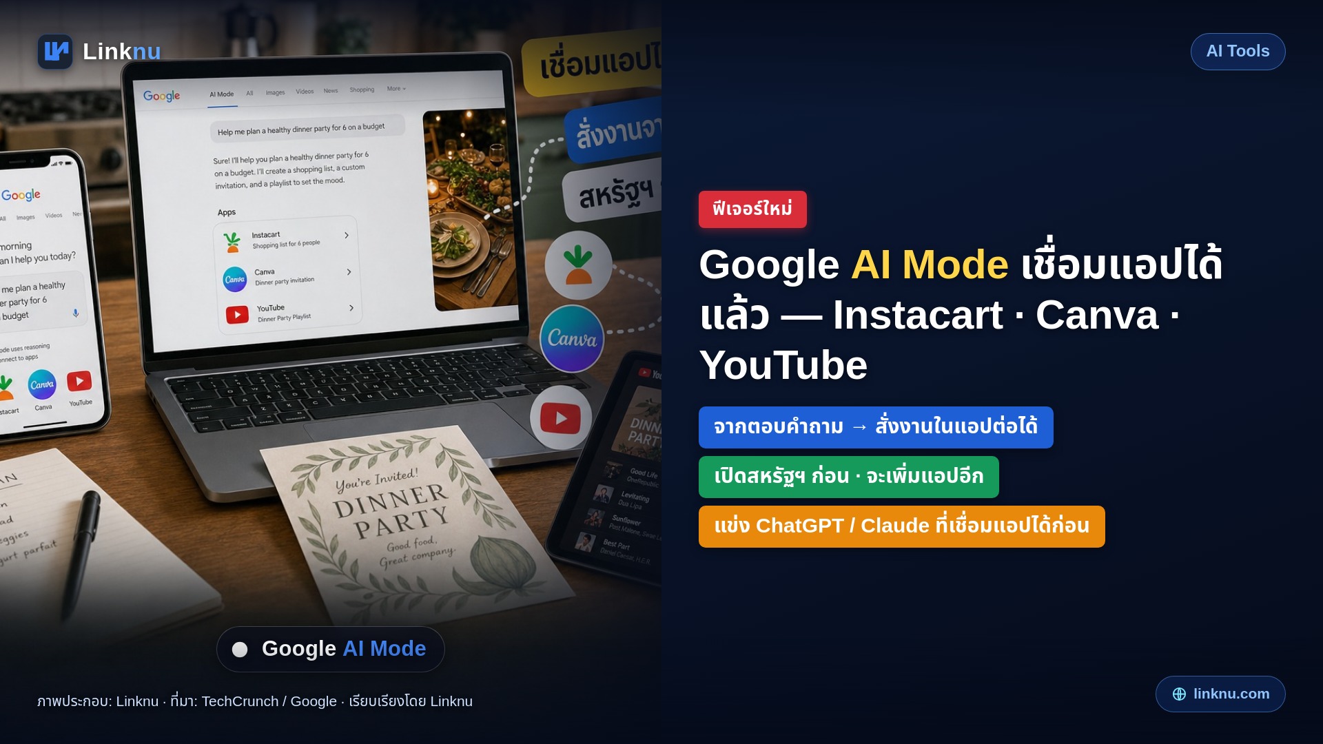 Google AI Mode เชื่อมแอปได้แล้ว — Instacart, Canva, YouTube สั่งงานจากช่องค้นหาคุยได้