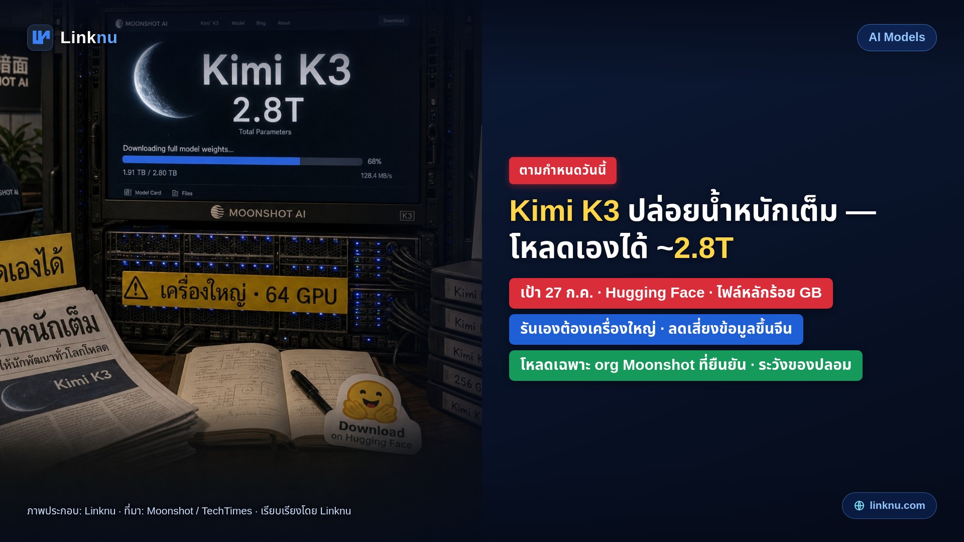 วันนี้ตามกำหนด — Moonshot ปล่อยน้ำหนักเต็ม Kimi K3 ให้โหลดเองได้