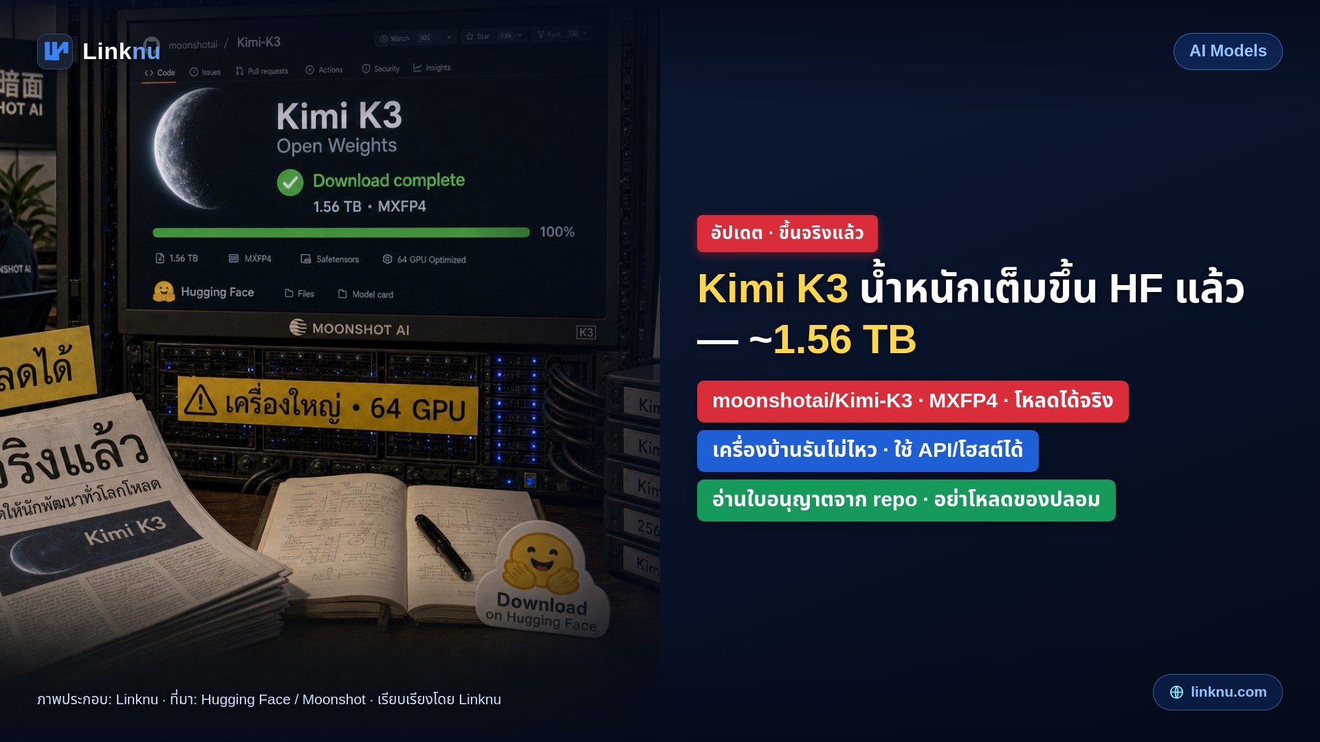 อัปเดต — น้ำหนักเต็ม Kimi K3 ขึ้น Hugging Face แล้วจริง (~1.56 TB)