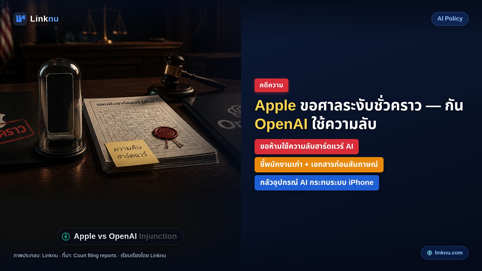 Apple ขอศาลระงับชั่วคราว — กัน OpenAI ใช้ความลับฮาร์ดแวร์ AI