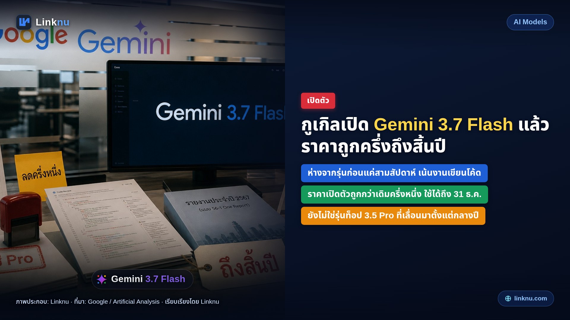 กูเกิลเปิด Gemini 3.7 Flash แล้ว เก่งขึ้นเรื่องโค้ด ราคาถูกครึ่งหนึ่งถึงสิ้นปี