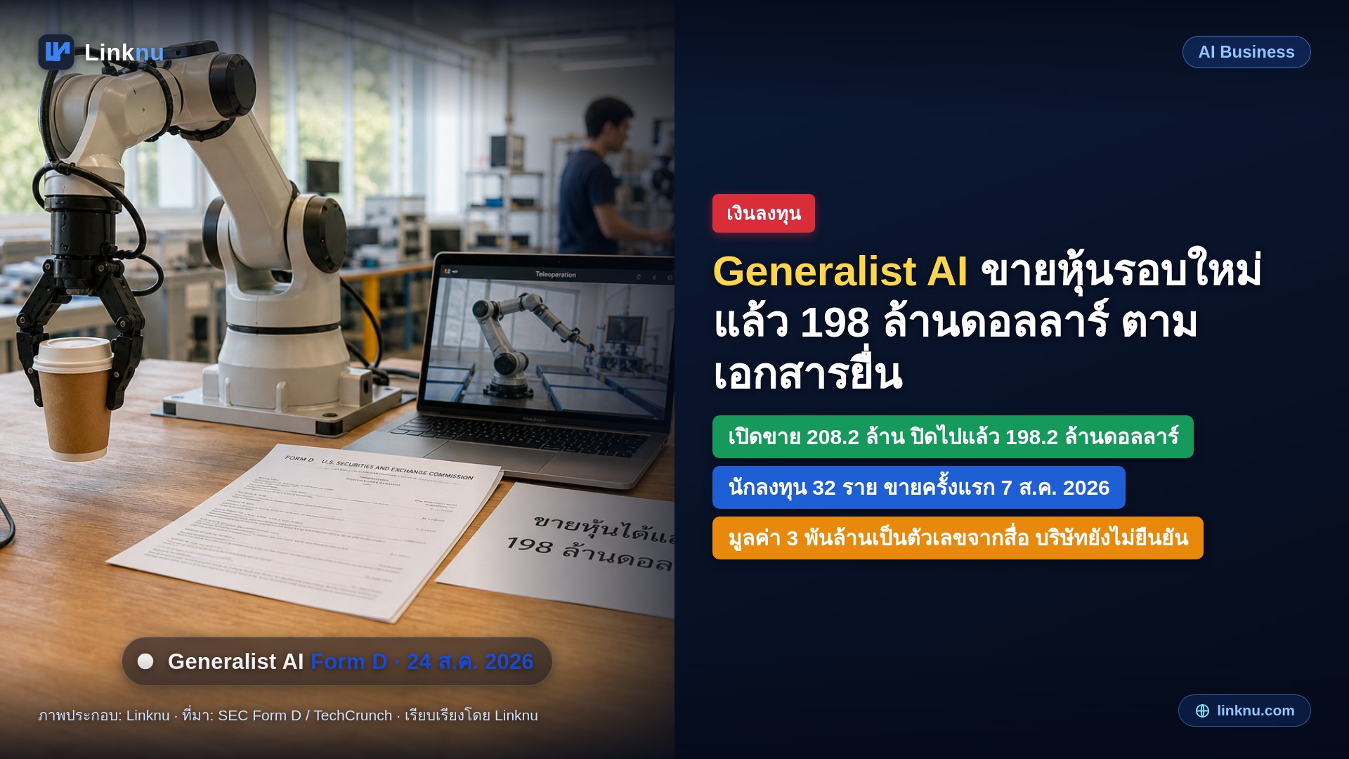 Generalist AI ขายหุ้นรอบใหม่ไปแล้ว 198 ล้านดอลลาร์ เงินจริงตามเอกสารยื่น ก.ล.ต. สหรัฐ