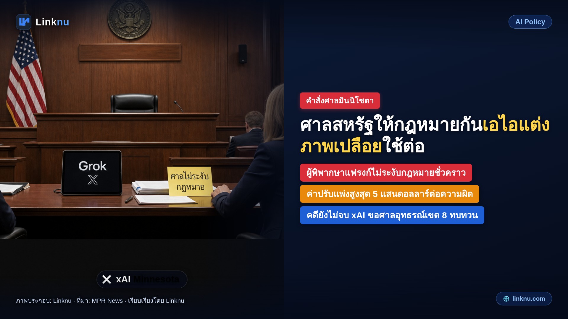 ศาลสหรัฐให้กฎหมายกันเอไอแต่งภาพเปลือยใช้ต่อ xAI ขอระงับไม่ผ่าน