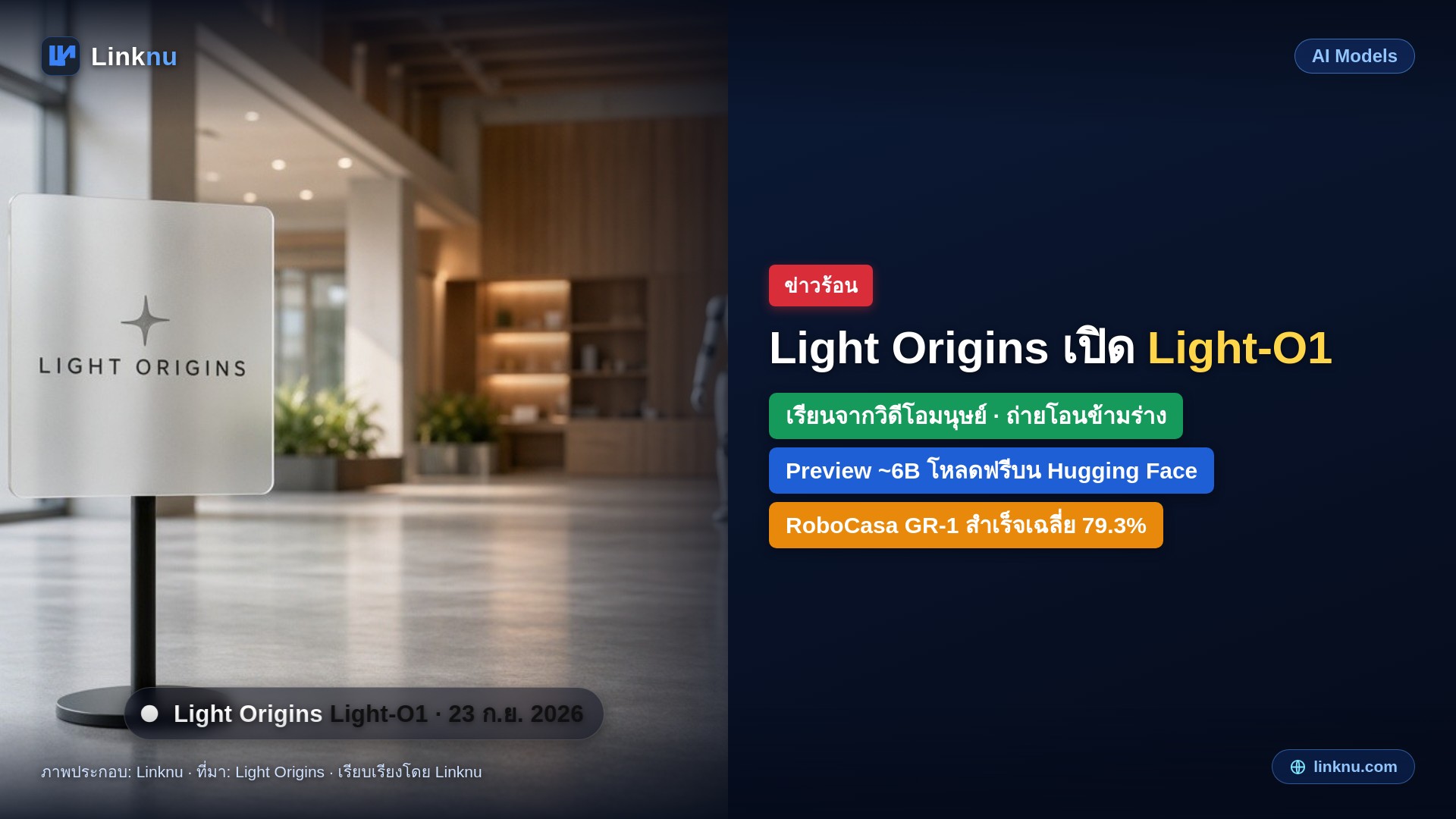 Light Origins เปิด Light-O1 โมเดลฐานกายภาพ เรียนแอคชันจากวิดีโอมนุษย์แล้วถ่ายโอนไปหุ่นหลายแบบ