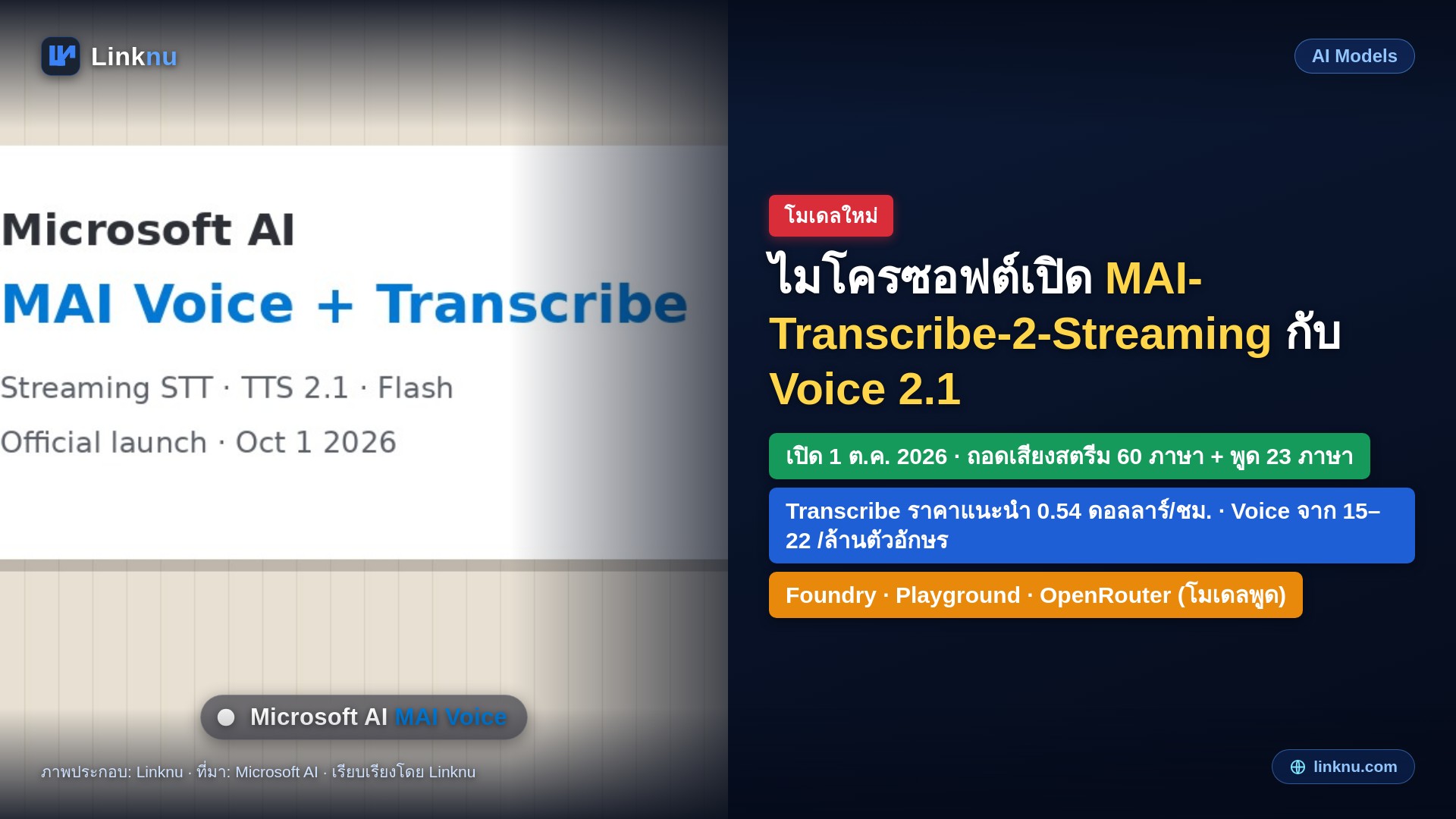 ไมโครซอฟต์เปิด MAI-Transcribe-2-Streaming กับ MAI-Voice-2.1 ชุดเสียงสนทนา
