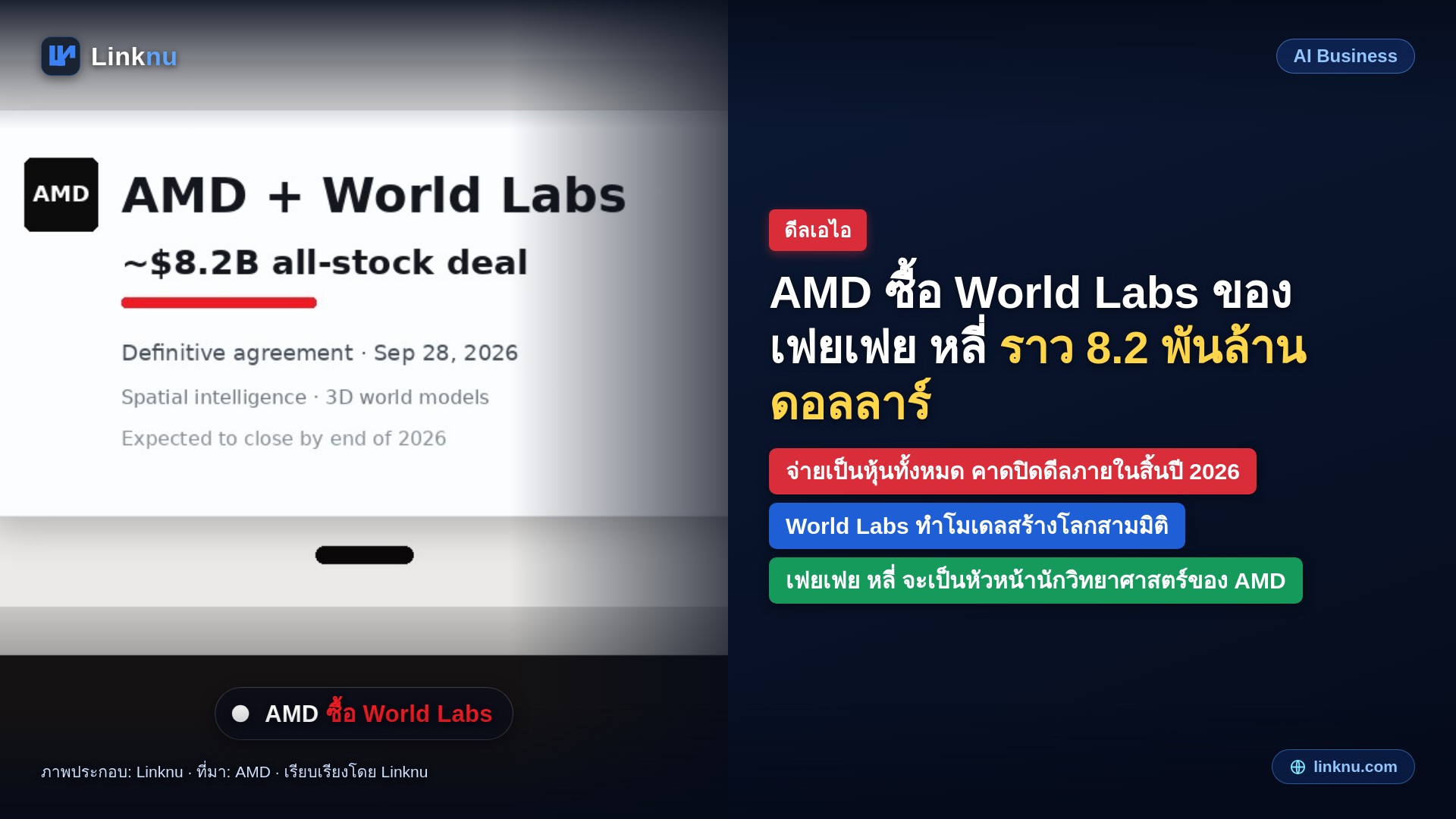 AMD ตกลงซื้อแล็บ World Labs ของเฟยเฟย หลี่ มูลค่าราว 8.2 พันล้านดอลลาร์ จ่ายเป็นหุ้นทั้งหมด