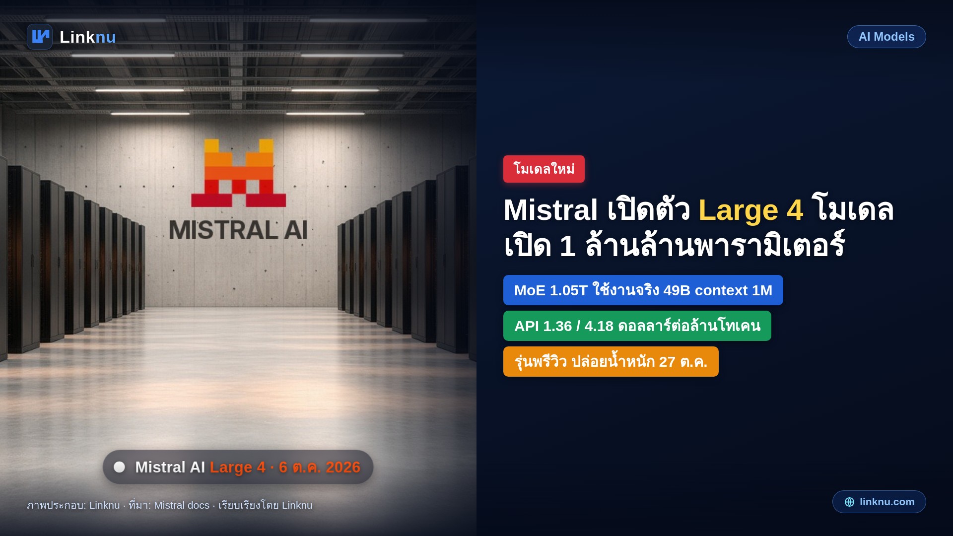 Mistral เปิดตัว Large 4 โมเดลเปิด 1 ล้านล้านพารามิเตอร์ ใช้ผ่าน API ได้วันนี้ ปล่อยน้ำหนัก 27 ต.ค.