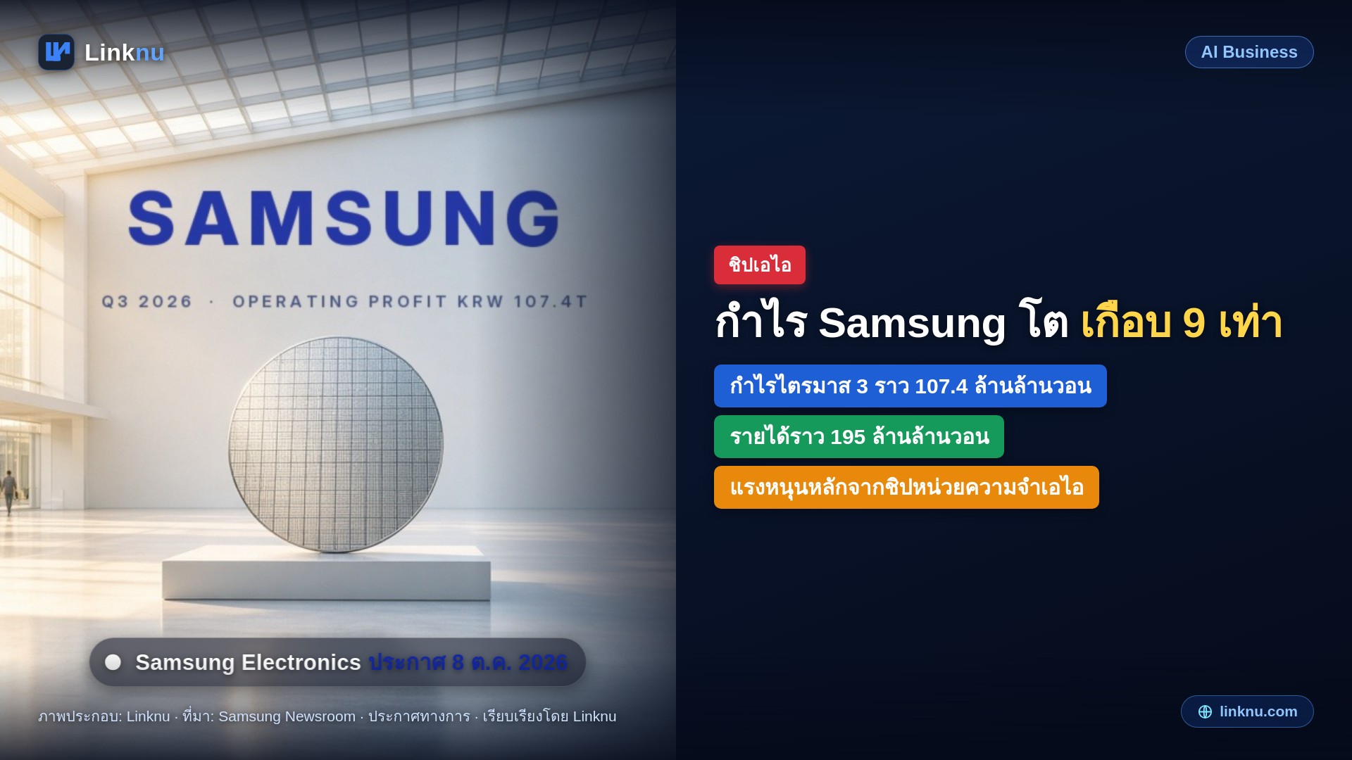 Samsung คาดกำไรไตรมาส 3 ทะลุ 107 ล้านล้านวอน โตเกือบ 9 เท่า รับบูมชิปหน่วยความจำเอไอ
