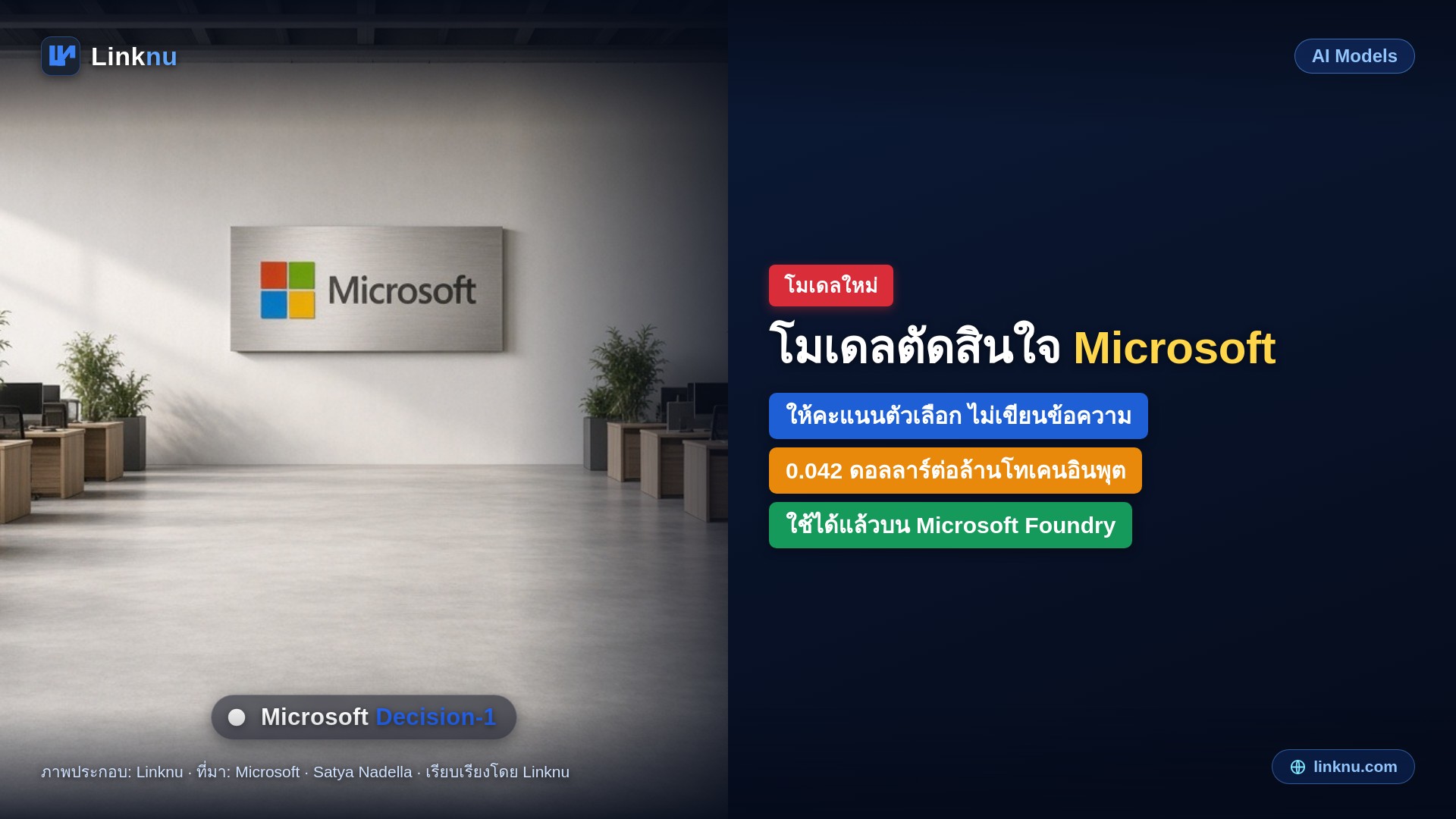 Microsoft เปิด Decision-1 โมเดลให้คะแนนตัวเลือก ใช้บน Foundry ราคา 0.042 ดอลลาร์ต่อล้านโทเคน