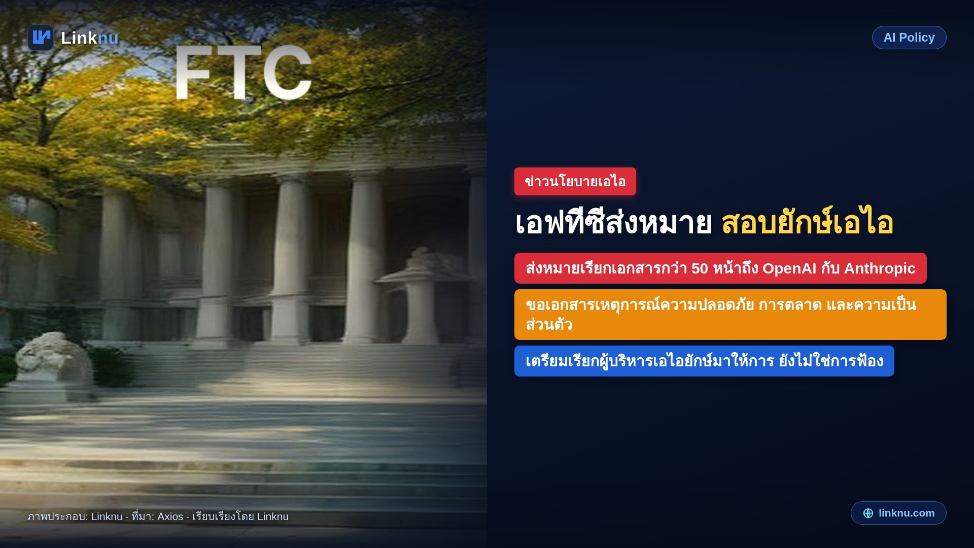 เอฟทีซีส่งหมายสอบ OpenAI กับ Anthropic เรื่องความปลอดภัยผู้บริโภค ยังไม่ใช่การฟ้อง