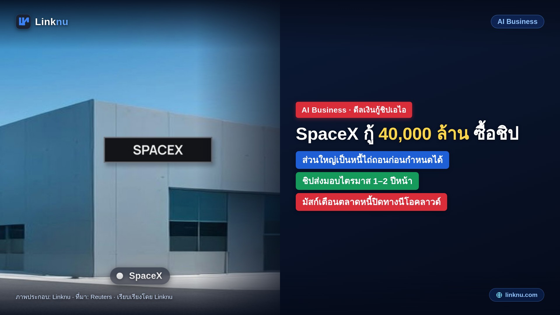 SpaceX ปิดดีลกู้ 40,000 ล้านดอลลาร์ซื้อ GPU มัสก์เตือนตลาดหนี้เริ่มไม่ปล่อยกู้บริษัทเช่าคอมพิวต์
